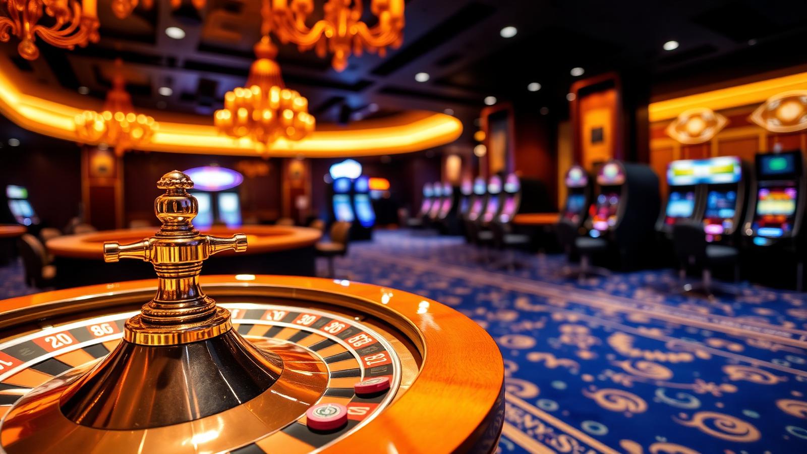 A neon-lit casino floor with roulette table in the foreground