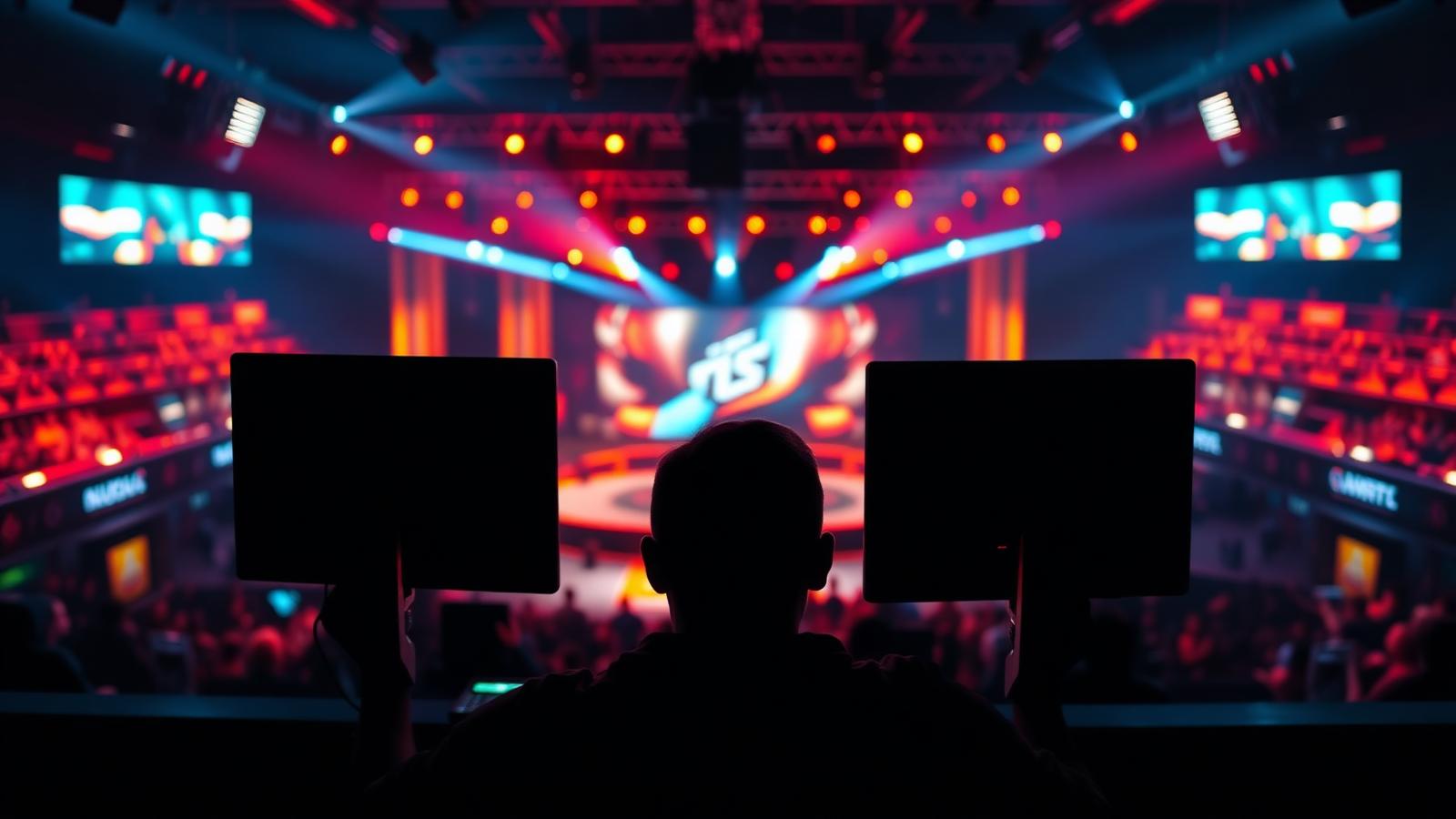An esports arena lit in red and amber stage lighting