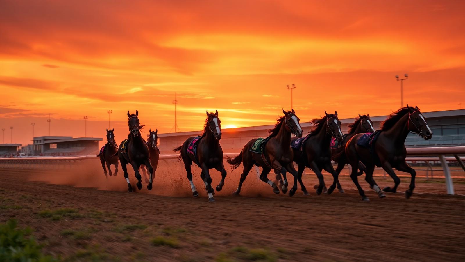Thoroughbreds charging down the home straight at sunset