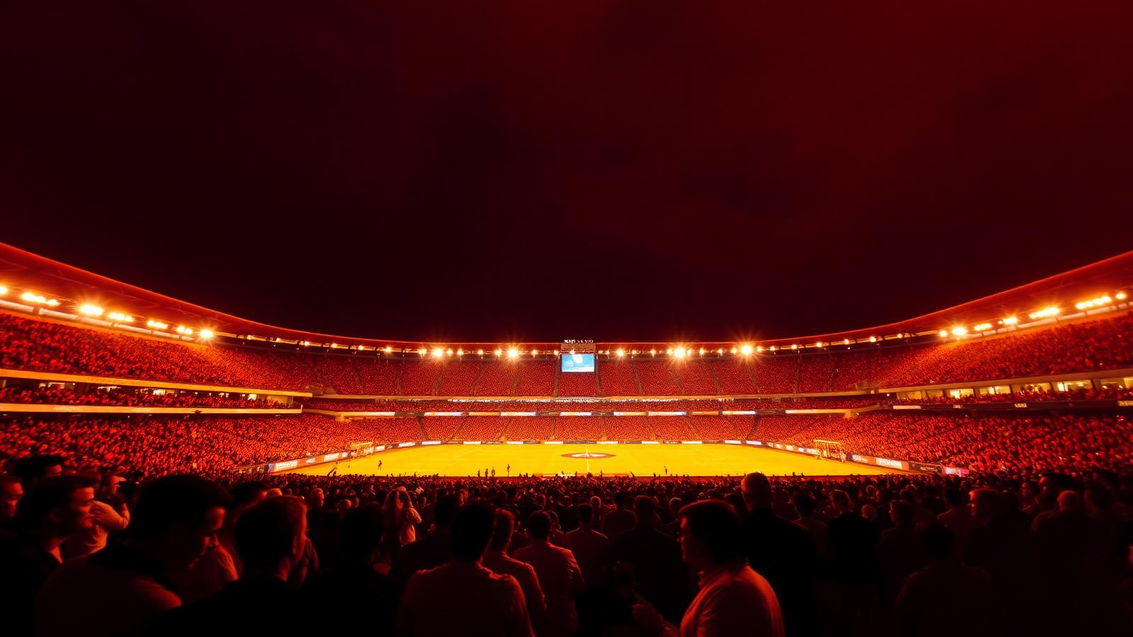 A packed stadium under floodlights ready for kickoff