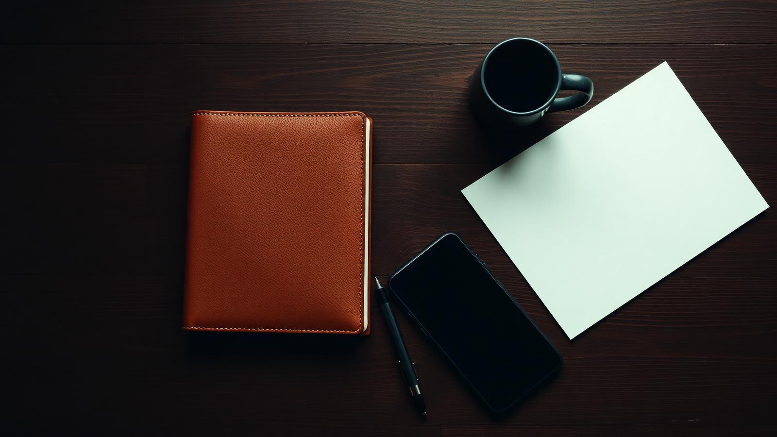 A leather notebook, pen and coffee on a dark desk