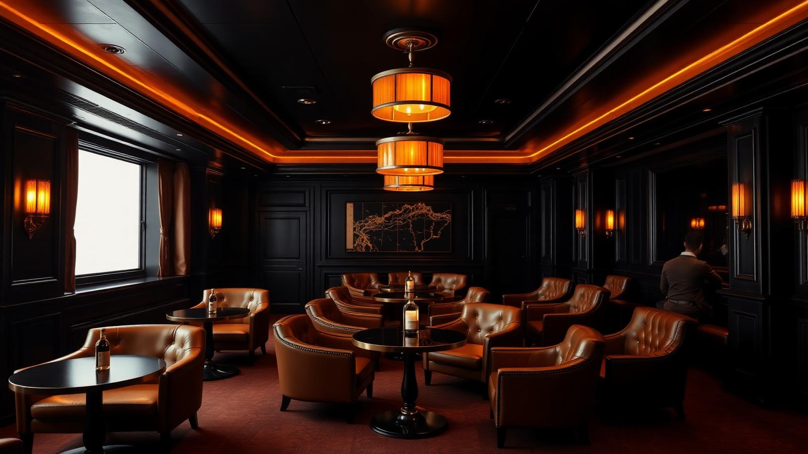A dark VIP lounge with leather chairs and warm amber lighting